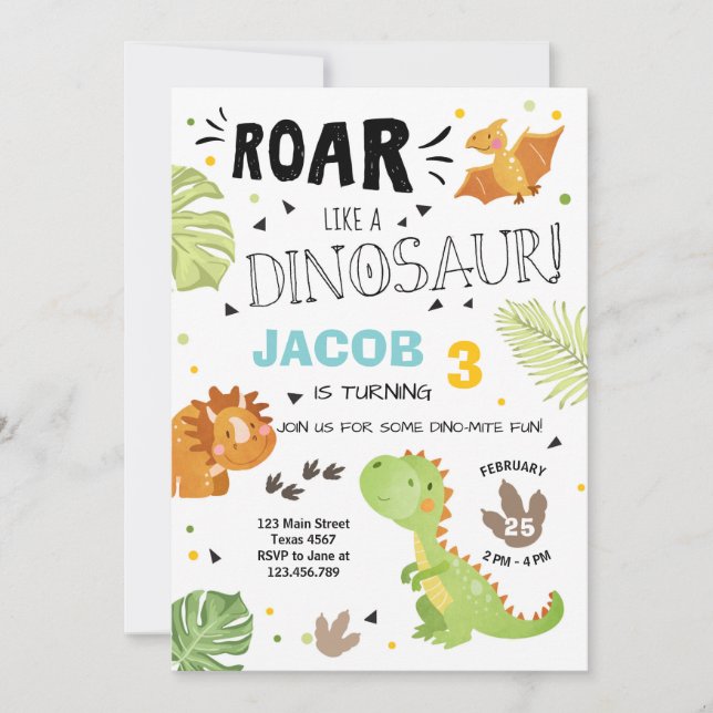 Invitación de cumpleaños de Roar Dinosaur Dino Fie (Anverso)