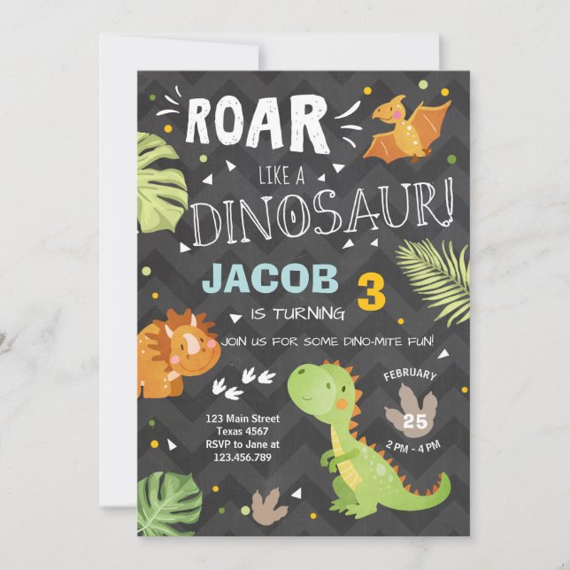 Invitación de cumpleaños de Roar Dinosaur Dino Fie (Anverso)