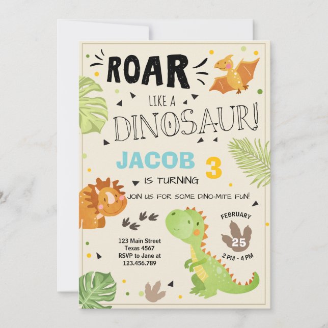 Invitación de cumpleaños de Roar Dinosaur Dino Fie (Anverso)