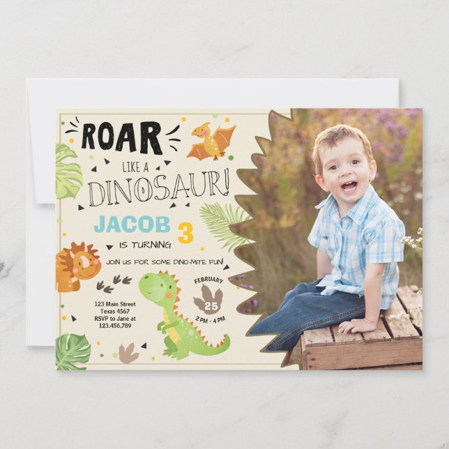 Invitación de cumpleaños de Roar Dinosaur Dino Fie (Anverso)