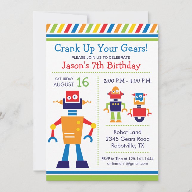 Invitación de cumpleaños de robot (Anverso)