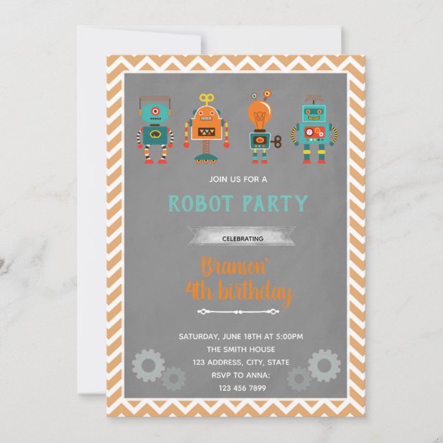 Invitación de cumpleaños de robot antiguo (Anverso)