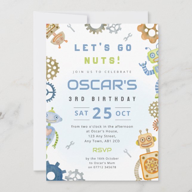 Invitación de cumpleaños de Robot Boy (Anverso)