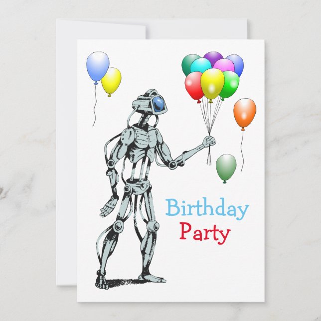 Invitación de cumpleaños de robot con globos (Anverso)