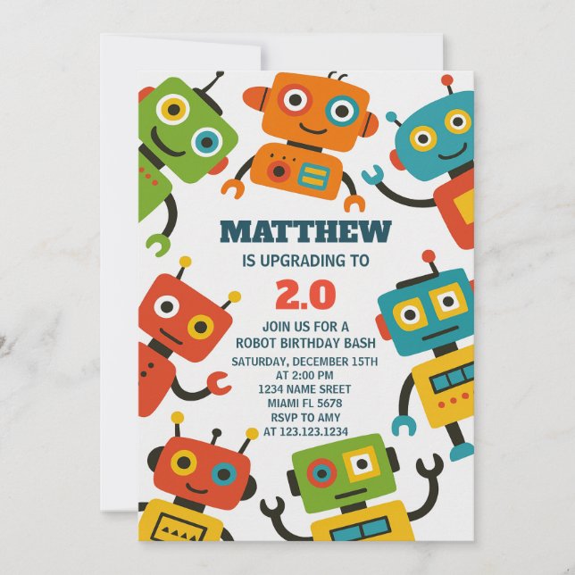 Invitación de cumpleaños de Robot editable (Anverso)