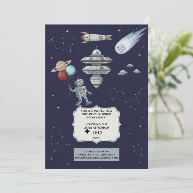 Invitación de cumpleaños de robot espacial lindo (Anverso de pie)