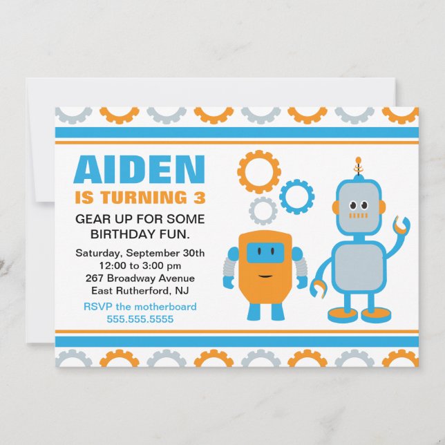 Invitación de cumpleaños de Robot Gear (Anverso)