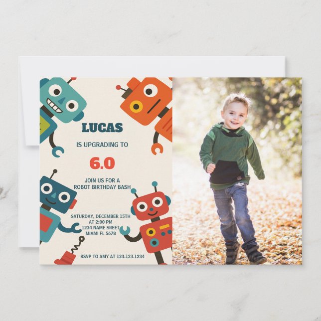 Invitación de cumpleaños de Robot moderno con foto (Anverso)