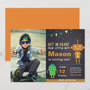 Invitación de cumpleaños de Robot Naranja con foto