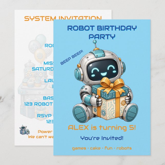 Invitación de cumpleaños de robot niño Tech Beep B (Anverso / Reverso)