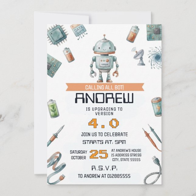 Invitación de cumpleaños de robot pequeño personal (Anverso)