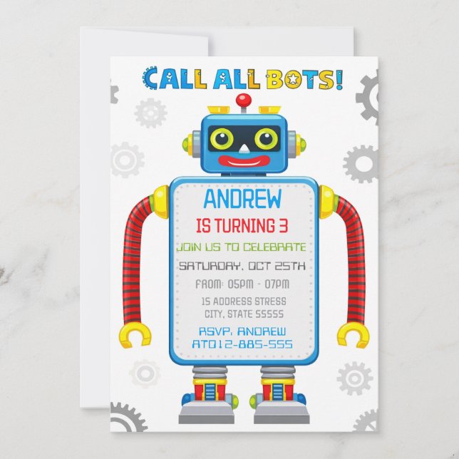 Invitación de cumpleaños de robot personalizada (Anverso)