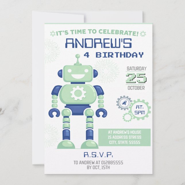 Invitación de cumpleaños de robot personalizado (Anverso)