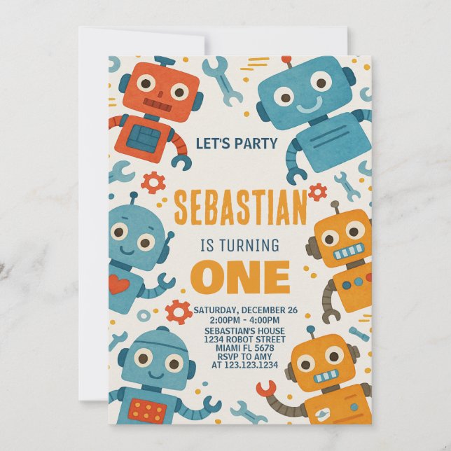 Invitación de cumpleaños de robots coloridos para  (Anverso)