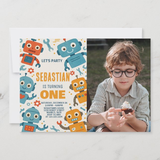 Invitación de cumpleaños de robots coloridos para  (Anverso)