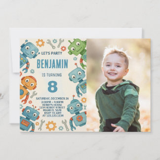 Invitación de cumpleaños de robots juguetones para
