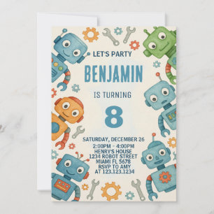 Invitación de cumpleaños de robots juguetones para
