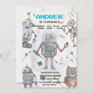Invitación de cumpleaños de robots para niños pers