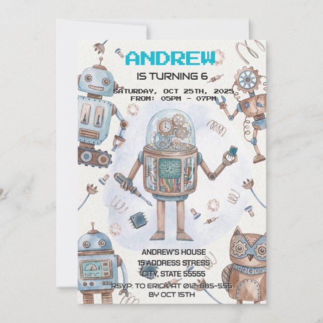 Invitación de cumpleaños de robots para niños pers (Anverso)