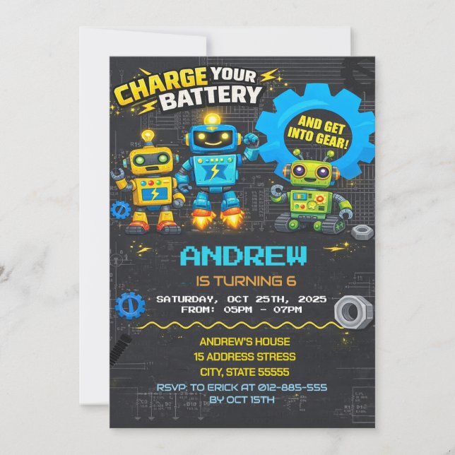 Invitación de cumpleaños de robots personalizados (Anverso)