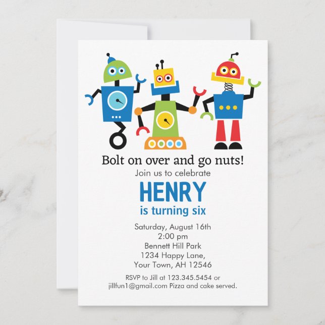 Invitación de cumpleaños de robots robots (Anverso)