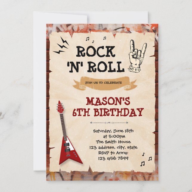 Invitación de cumpleaños de rock and roll (Anverso)