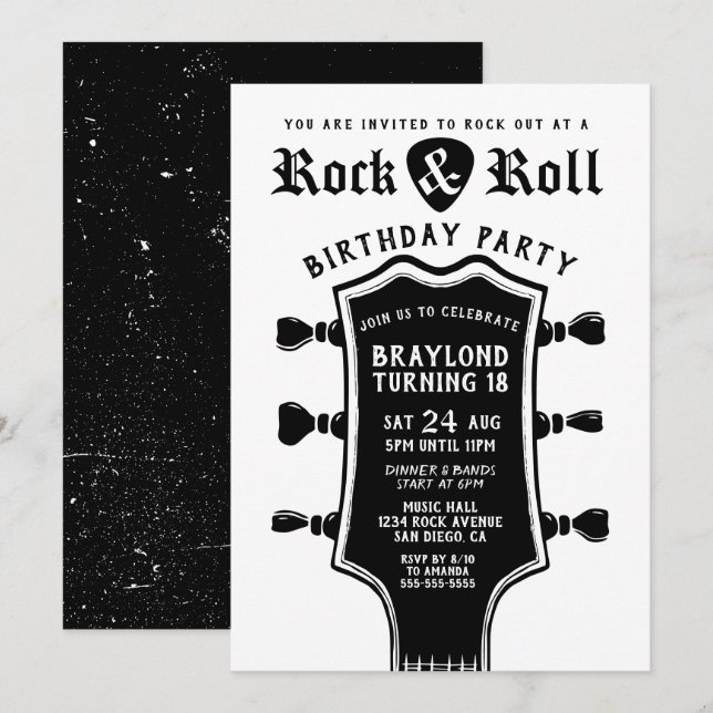 Invitación de cumpleaños de Rock N Roll con guitar (Anverso / Reverso)