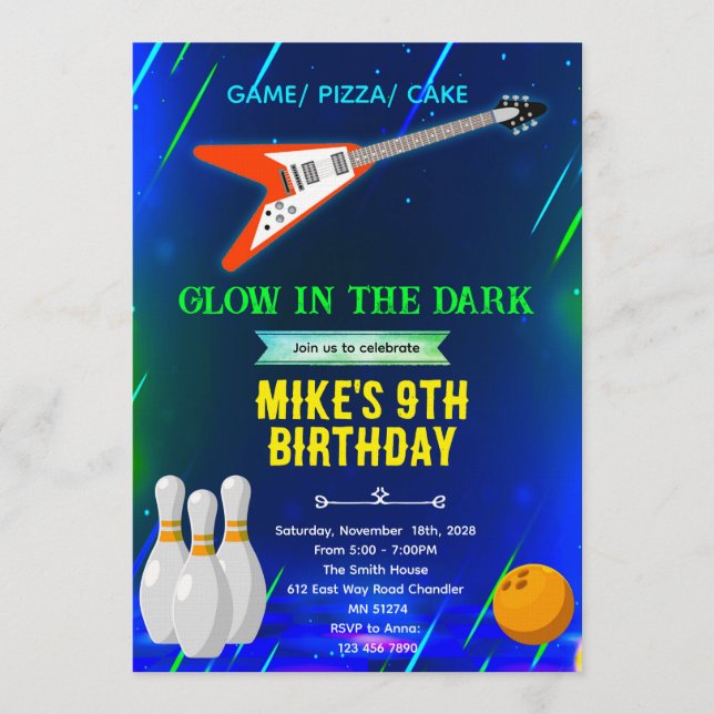 Invitación de cumpleaños de rock y bolos (Anverso)