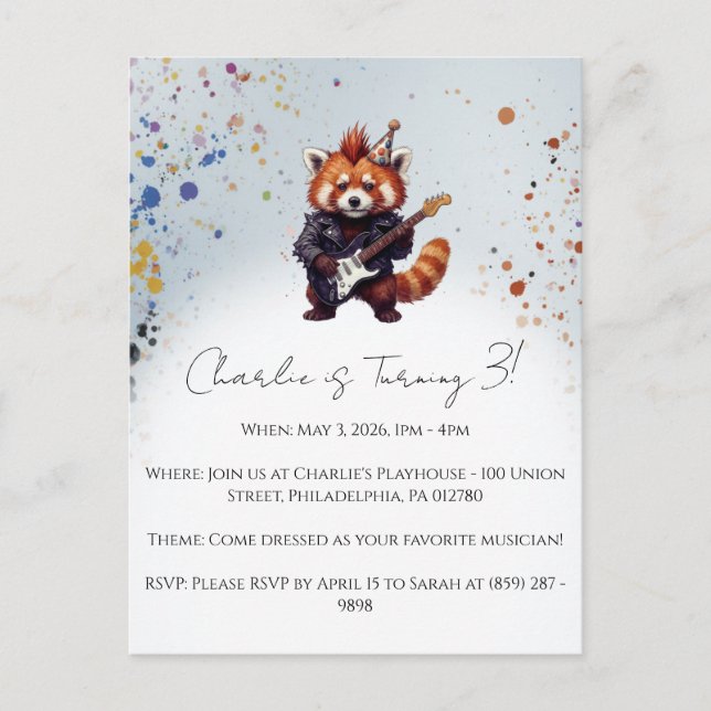Invitación de cumpleaños de Rocker Panda Rojo (Anverso)