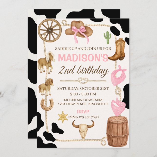 Invitación de cumpleaños de Rodeo Cowgirl editable (Anverso / Reverso)