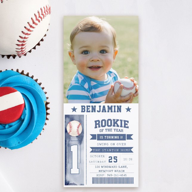 Invitación de cumpleaños de Rookie Baseball Photo  (rookie of the year birthday invite boy photo template blue milestone invitation ticket)