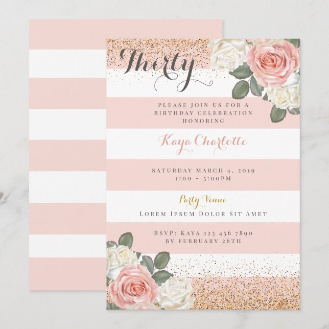 Invitación de cumpleaños de Rosa floral a mujeres (Anverso / Reverso)