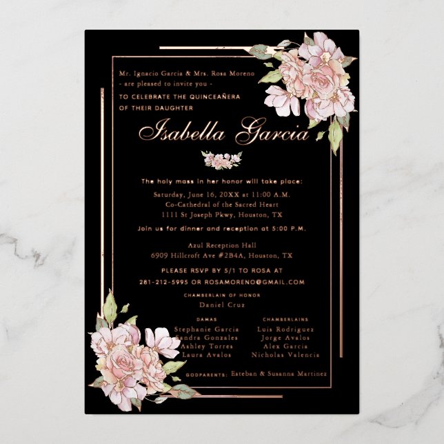 Invitación de cumpleaños de Rosa Floral Quinceañer (Anverso)