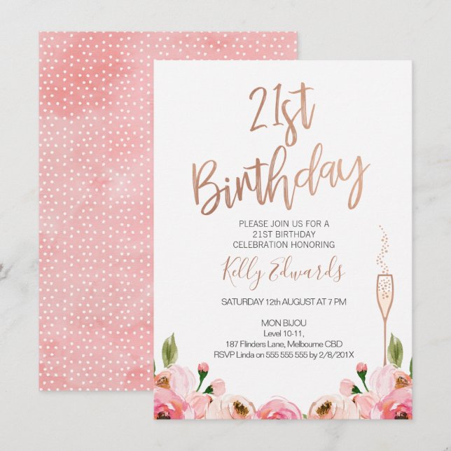 Invitación de cumpleaños de Rosa Gold Floral 21st (Anverso / Reverso)