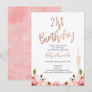 Invitación de cumpleaños de Rosa Gold Floral 21st