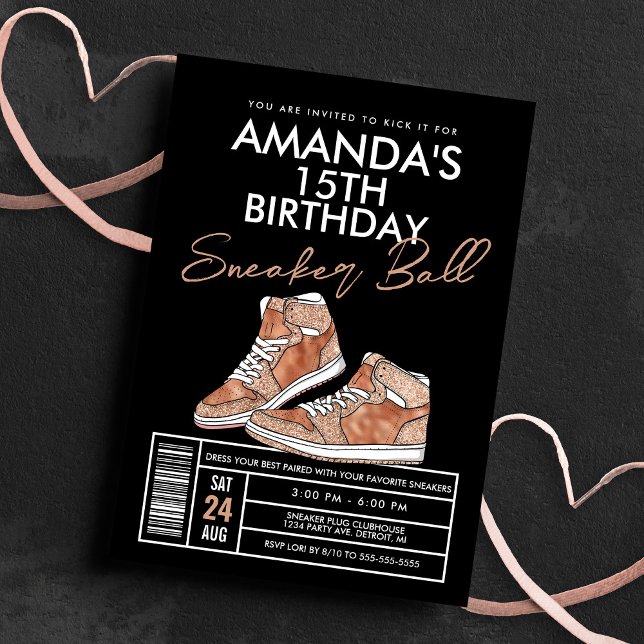 Invitación de cumpleaños de Rosa Gold Sneaker Ball (Subido por el creador)