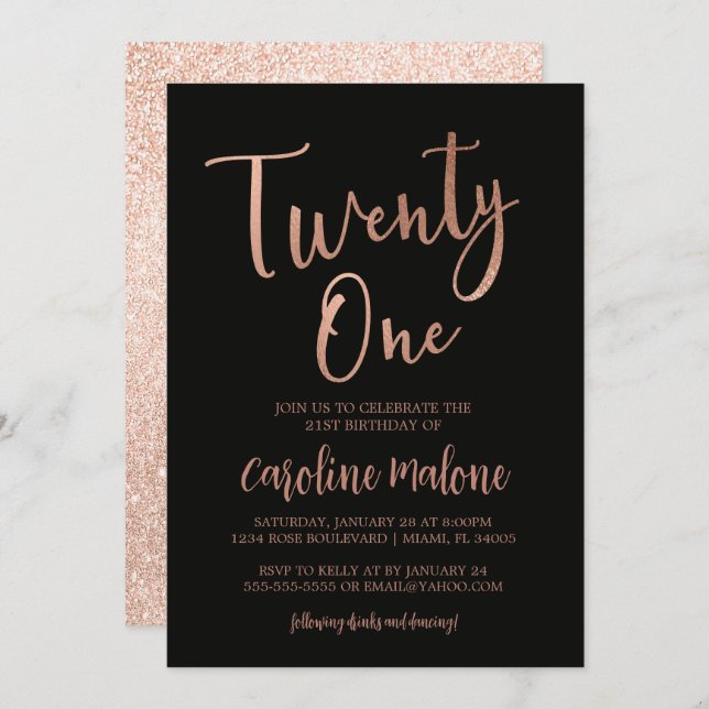 Invitación de cumpleaños de Rosa Gold Twenty One | (Anverso / Reverso)