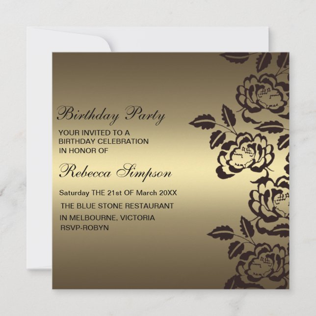 Invitación de cumpleaños de Rosa Gold y Black Flow (Anverso)