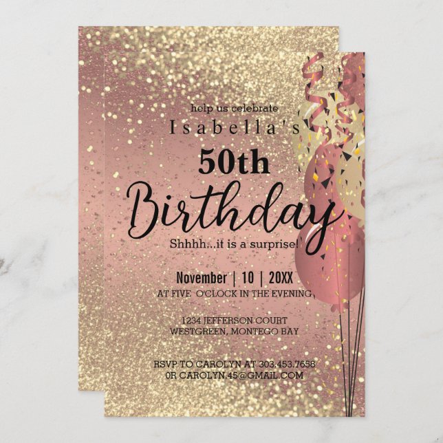 Invitación de cumpleaños de Rosa Gold y Purpurina  (Anverso / Reverso)