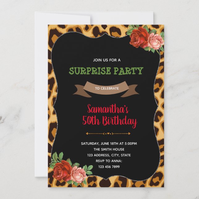 Invitación de cumpleaños de rosa leopardo (Anverso)