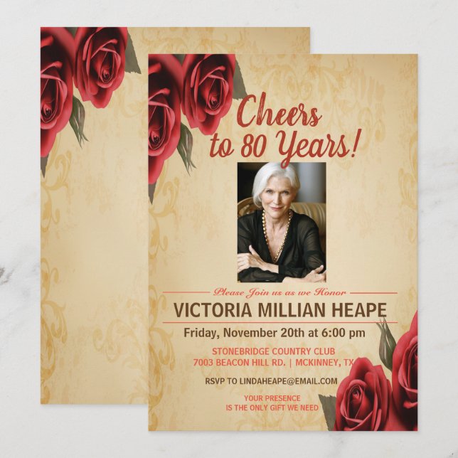 Invitación de cumpleaños de rosa vintage para cual (Anverso / Reverso)