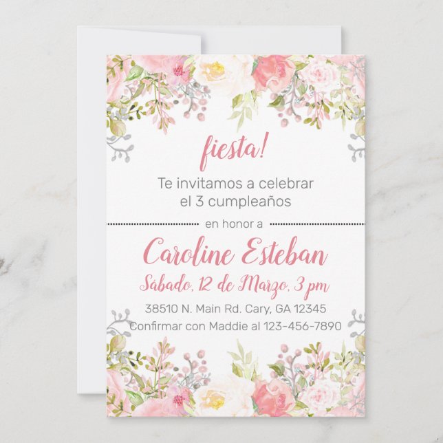 Invitación de cumpleaños de rosas florales español (Anverso)