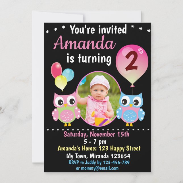 invitación de cumpleaños de Rose Blue Owl (Anverso)