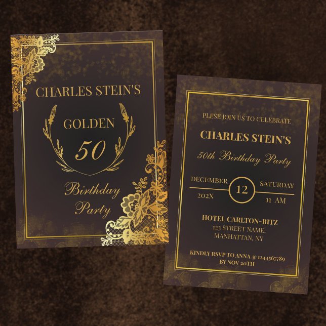 Invitación de cumpleaños de Royal Gold Floral Bord (Subido por el creador)