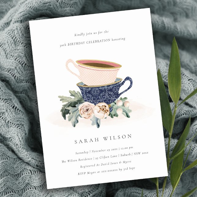 Invitación de cumpleaños de Rubor Blue Cups Floral (Subido por el creador)