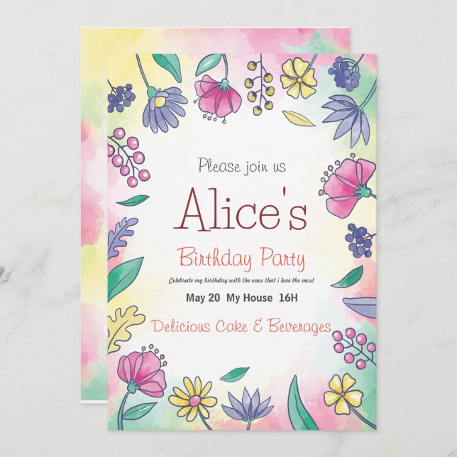 Invitación de cumpleaños de Rubor Pink Spring Flor (Anverso / Reverso)