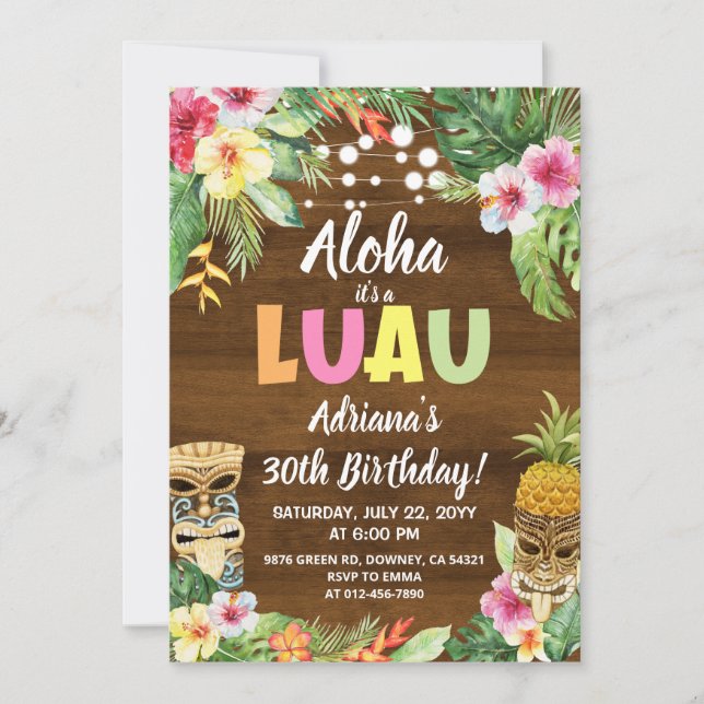 Invitación de cumpleaños de Rústico LUAU Tropical  (Anverso)
