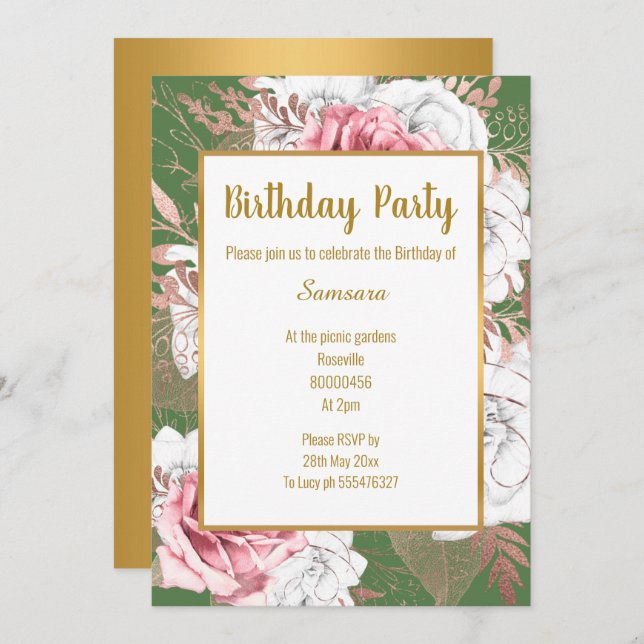 INVITACIÓN DE CUMPLEAÑOS DE SAGE FLORAL ROSA GOLD  (Anverso / Reverso)