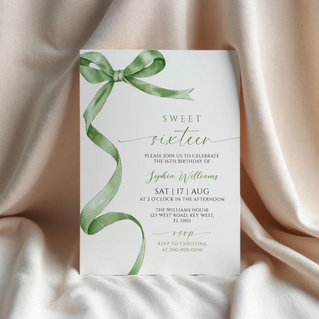 Invitación de cumpleaños de Sage Green Bow Sweet 1 (Subido por el creador)