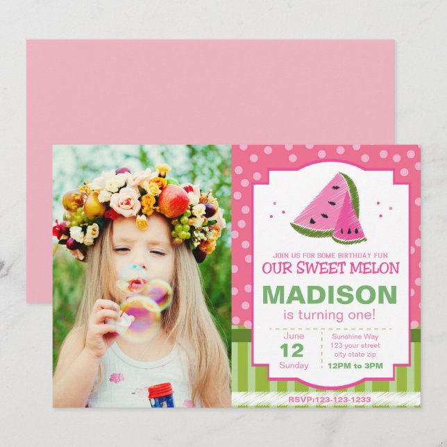 Invitación de cumpleaños de sandía a rayas con fot (Anverso / Reverso)